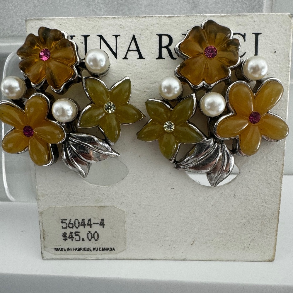 Vintage Nina Ricci Earrings Clip On Flowers Silver Tone 80's